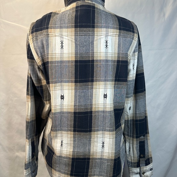 Women’s Button-Down Navy and Cream Plaid Shirt with Stud Shoulders Accents - Picture 6 of 15